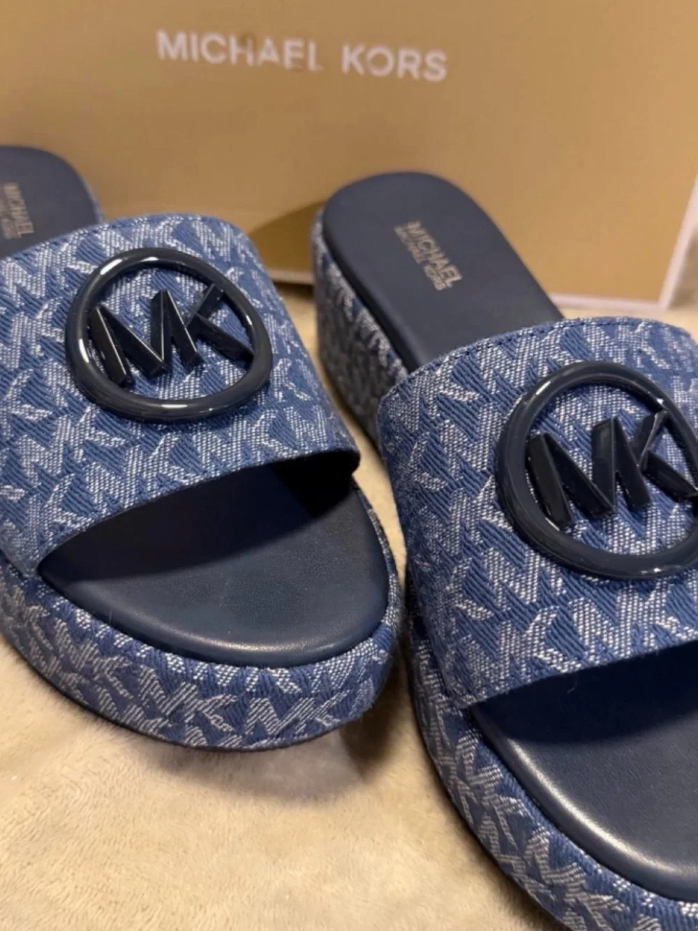 Michael Kors Blue Denim MK Logo Platform Slides